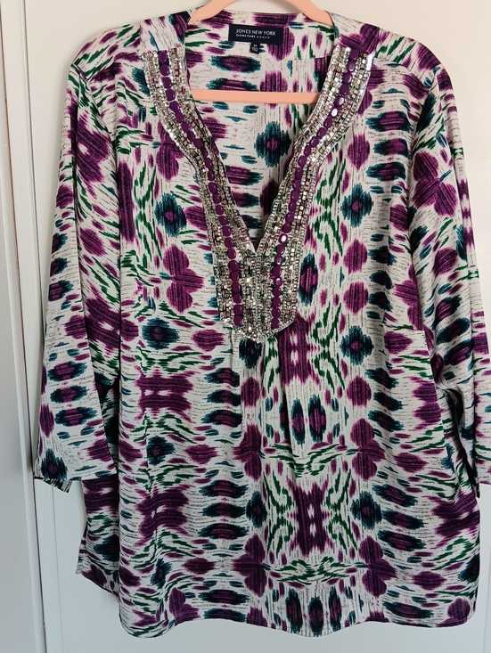 Jones New York Tops - Jones New York Purple, Green & Teal Patterned Beaded Tunic Lightweight
